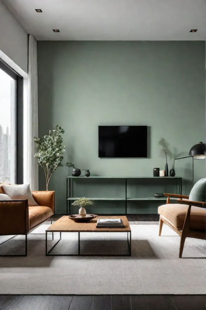 Sage green painted accent wall in minimalist living room