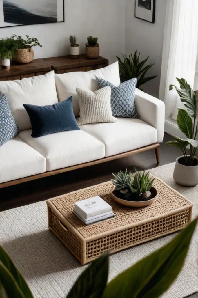 Scandinavian living room with plants and cushions