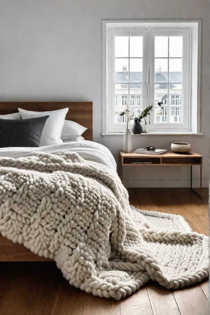Scandinavian small bedroom with cozy textiles