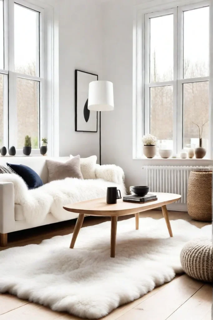 Scandinavian small living room with light wood and natural textures