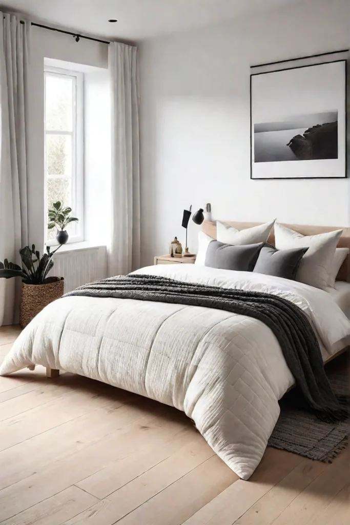 Scandinavianstyle minimalist bedroom with cozy textures and light wood