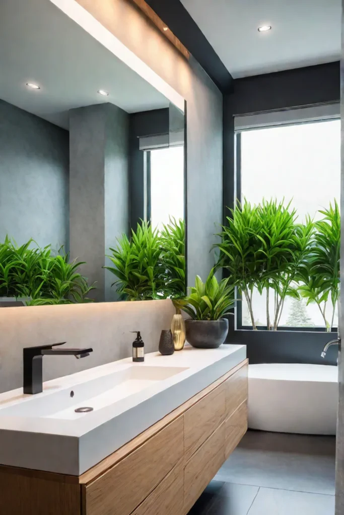 Serene bathroom with light wood vanity and plants