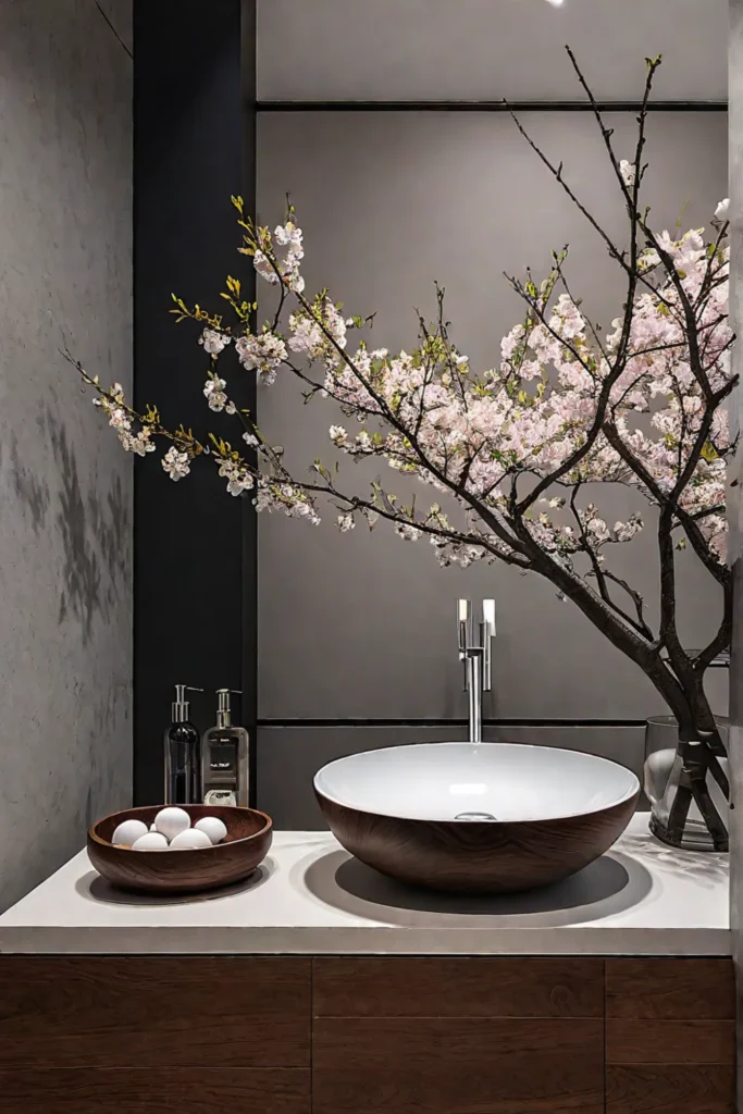 Serene bathroom with natural elements and elegant simplicity