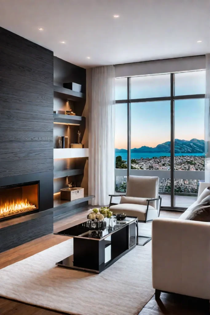 Smart home technology enhances comfort and convenience in a cozy living room with a fireplace