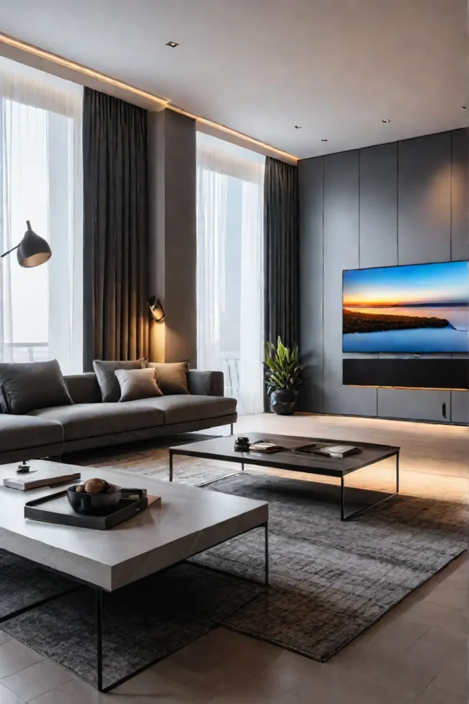 Smart lights illuminate a cozy living room with a modern entertainment system
