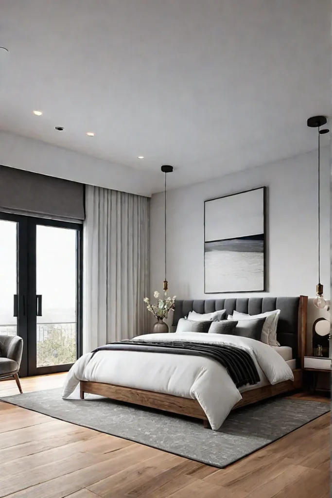 Spacious minimalist bedroom with kingsize bed and large window