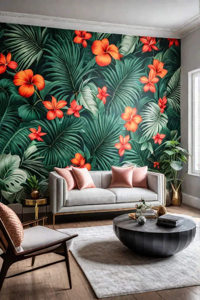 Statement wall with palm leaf and floral wallpaper