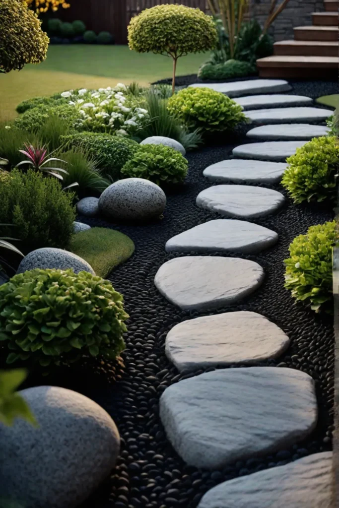 Stone pathway creating flow in a small backyard