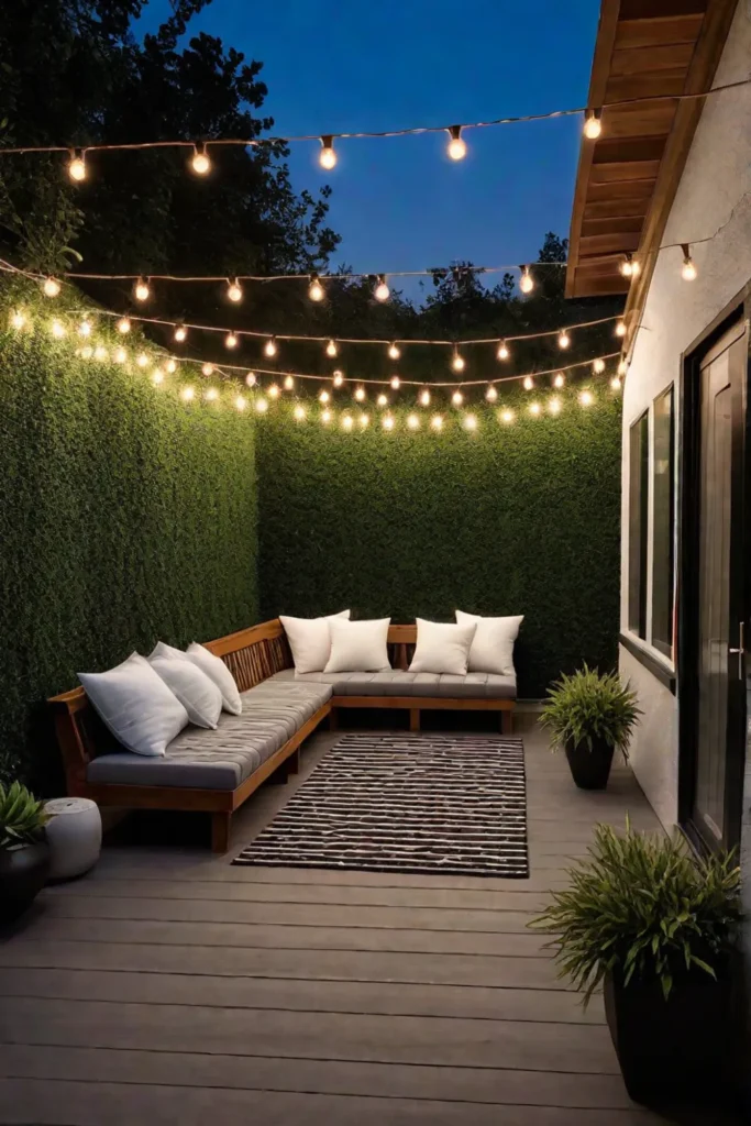 String lights enhancing the evening ambiance of a compact outdoor space