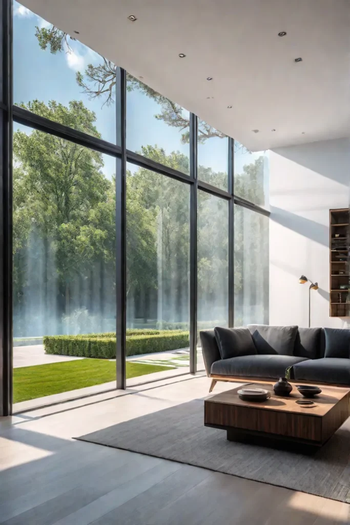 Sunlight streams into a sustainable living room equipped with smart home technology