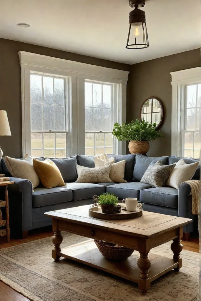 Sunlit farmhouse living room with repurposed furniture