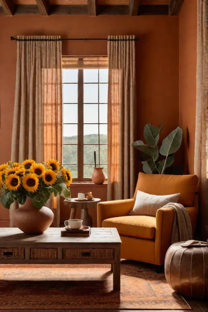 Sunsethued living room with terracotta and ochre accents