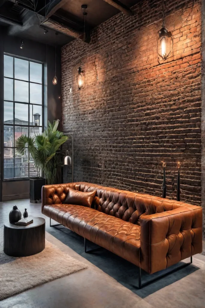 Urban charm brick wall with leather furniture and metal accents
