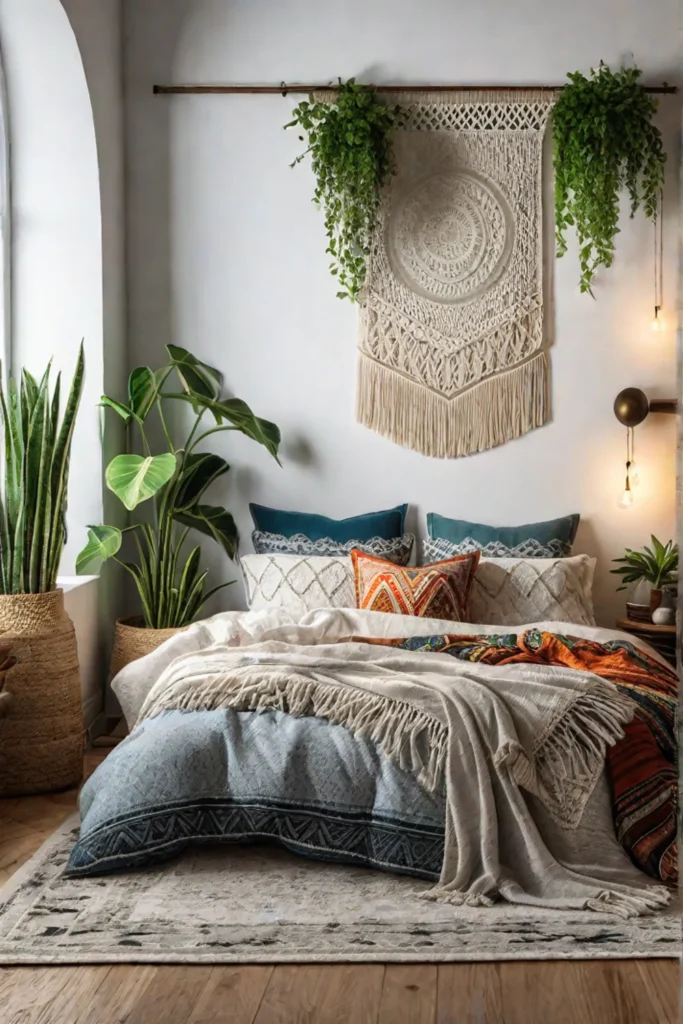 Vibrant bedroom with mixed patterns and textures