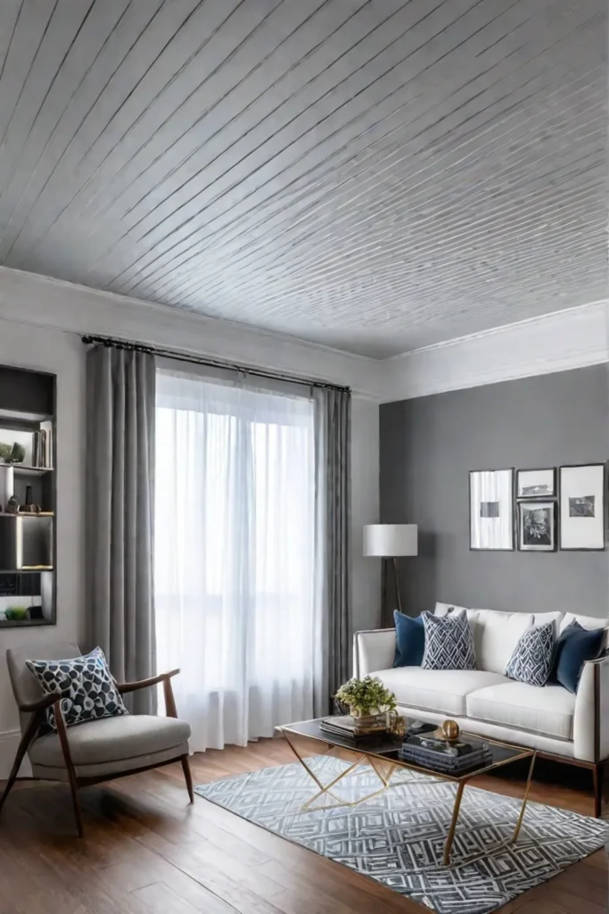 Wallpapered ceiling draws the eye upwards making the room feel larger