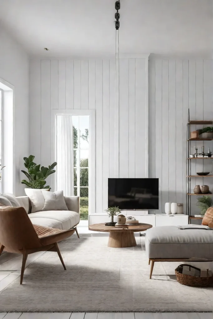 White shiplap accent wall in Scandinavian living room