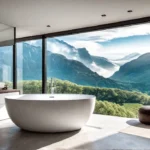 A luxurious modern bathroom with a large freestanding bathtub situated on afeat