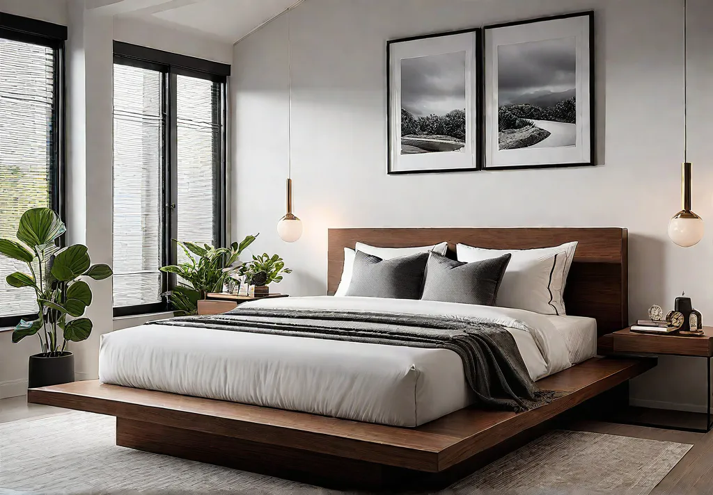 A minimalist bedroom with a platform bed floating nightstands and a neutralfeat