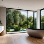 A modern bathroom with a freestanding bathtub large windows overlooking a lushfeat