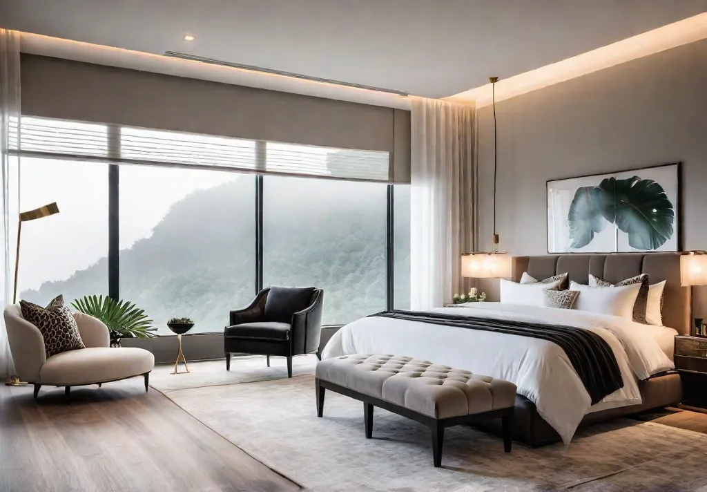 A modern bedroom with a plush accent chair in a calming neutralfeat