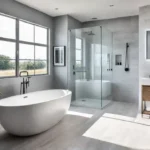 A sundrenched bathroom with bright white walls featuring a freestanding bathtub andfeat