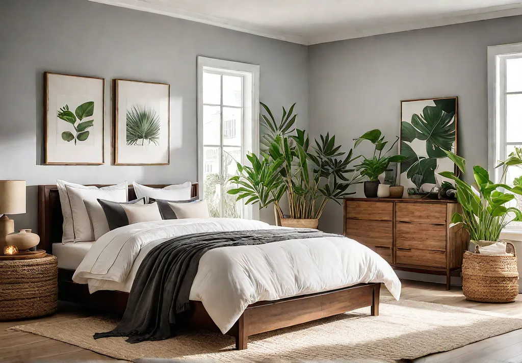 A sundrenched bedroom with a calming ambiance featuring a bed with afeat