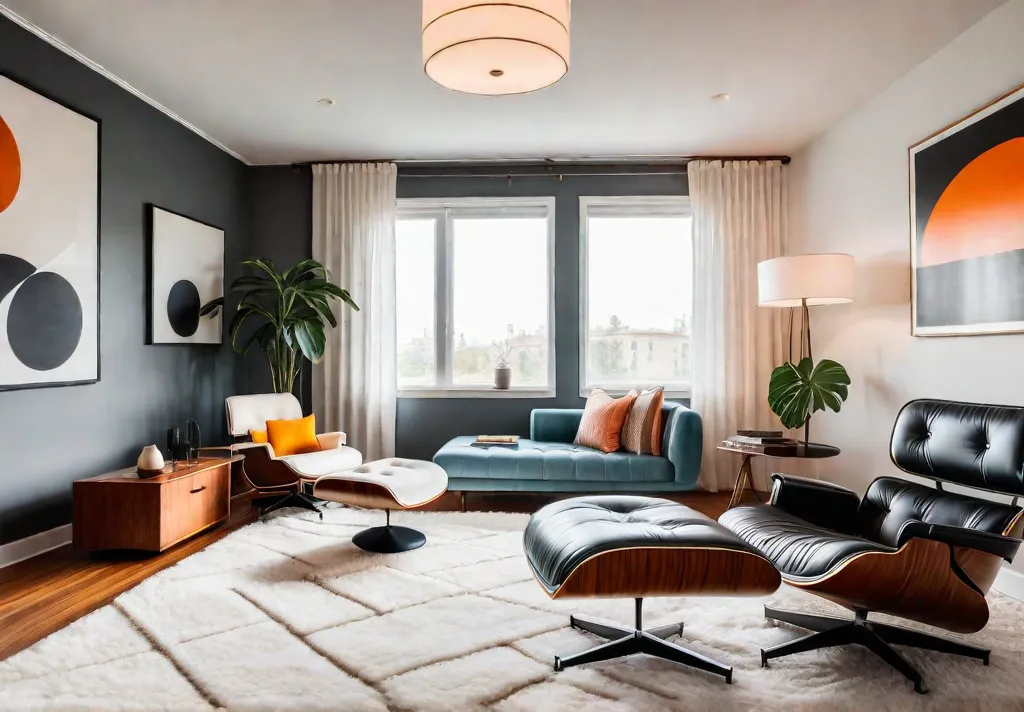A sundrenched midcentury modern bedroom with an Eames Lounge Chair and ottomanfeat
