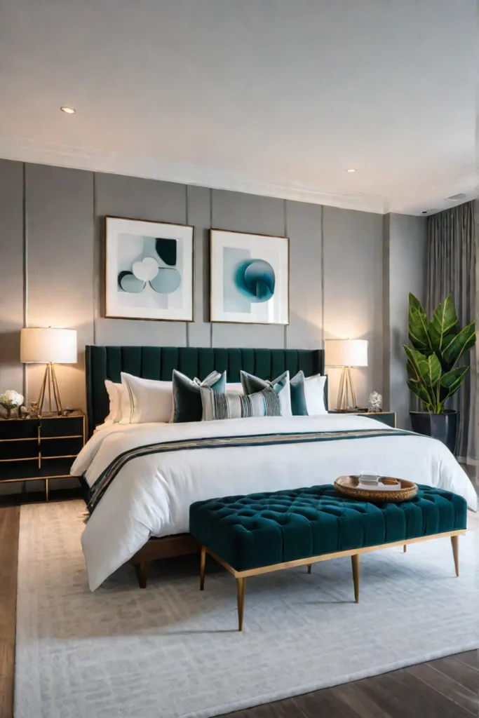 A contemporary bedroom showcasing how to incorporate midcentury elements into a modern setting