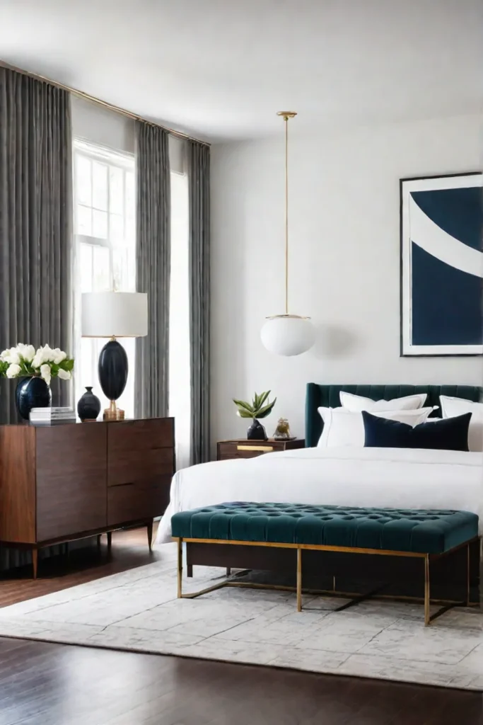 A midcentury bedroom that balances simplicity with sophistication through the use of contrasting colors and textures