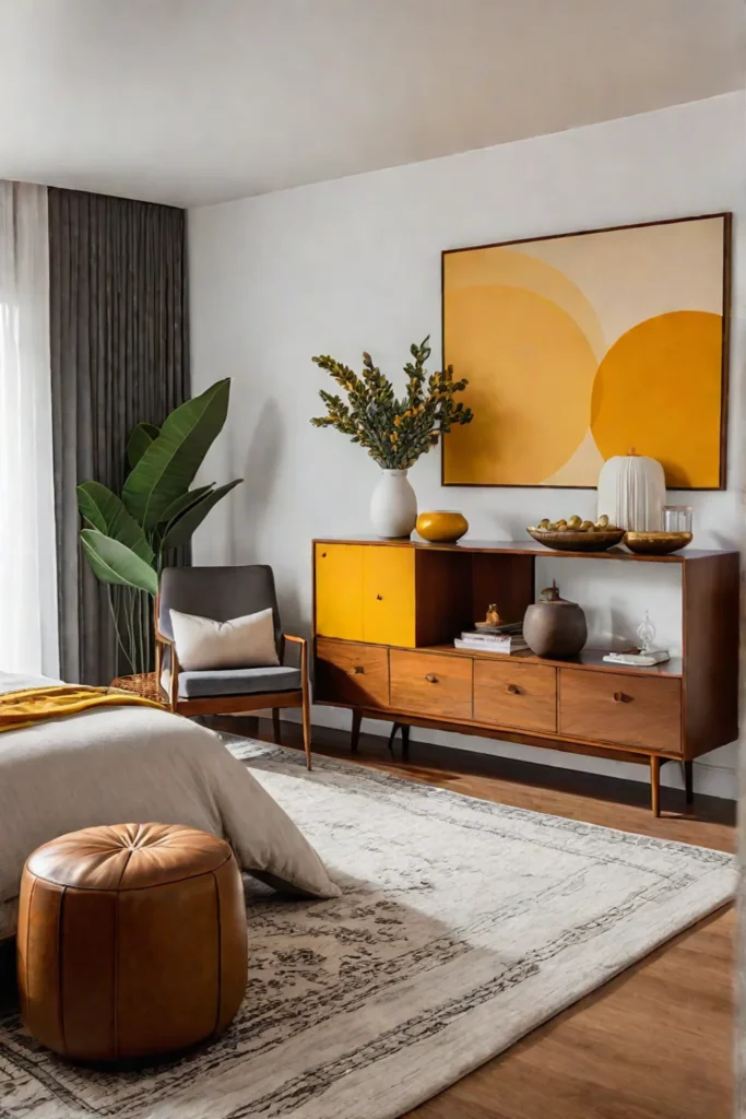 A midcentury bedroom that feels welcoming and inviting through the use of warm colors and comfortable textures