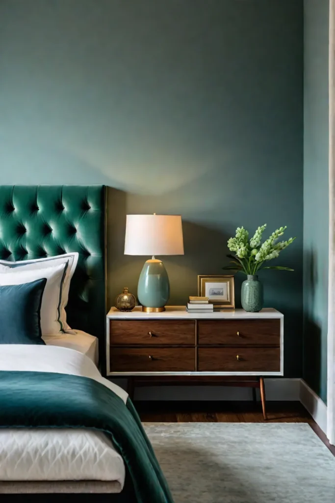 A midcentury bedroom that promotes relaxation and tranquility through the use of soothing colors and natural elements