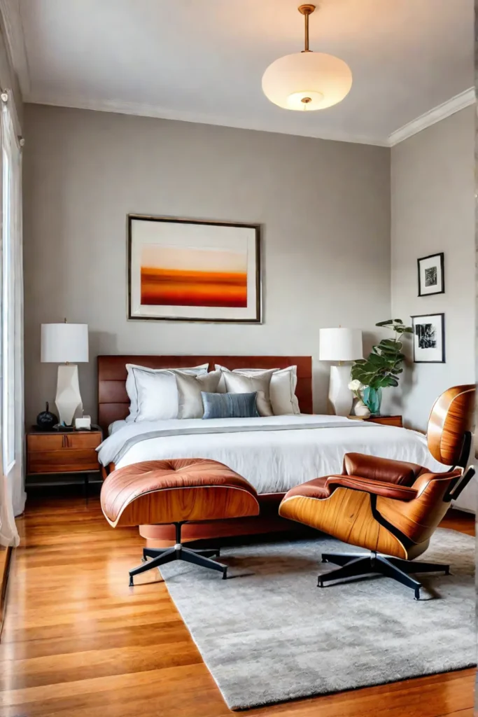 A serene midcentury bedroom with a focus on organic shapes clean lines and a warm color palette