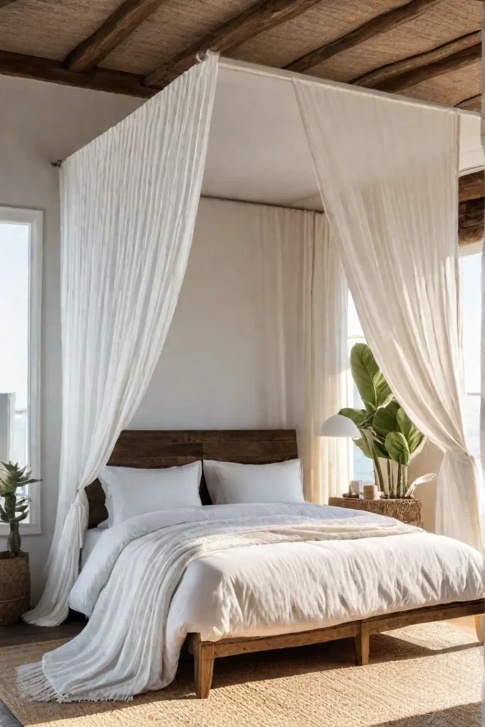 Airy bedroom with reclaimed wood furniture and organic cotton textiles