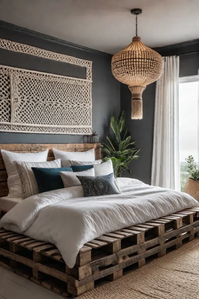 Bohemian bedroom with reclaimed wood furniture and natural textiles