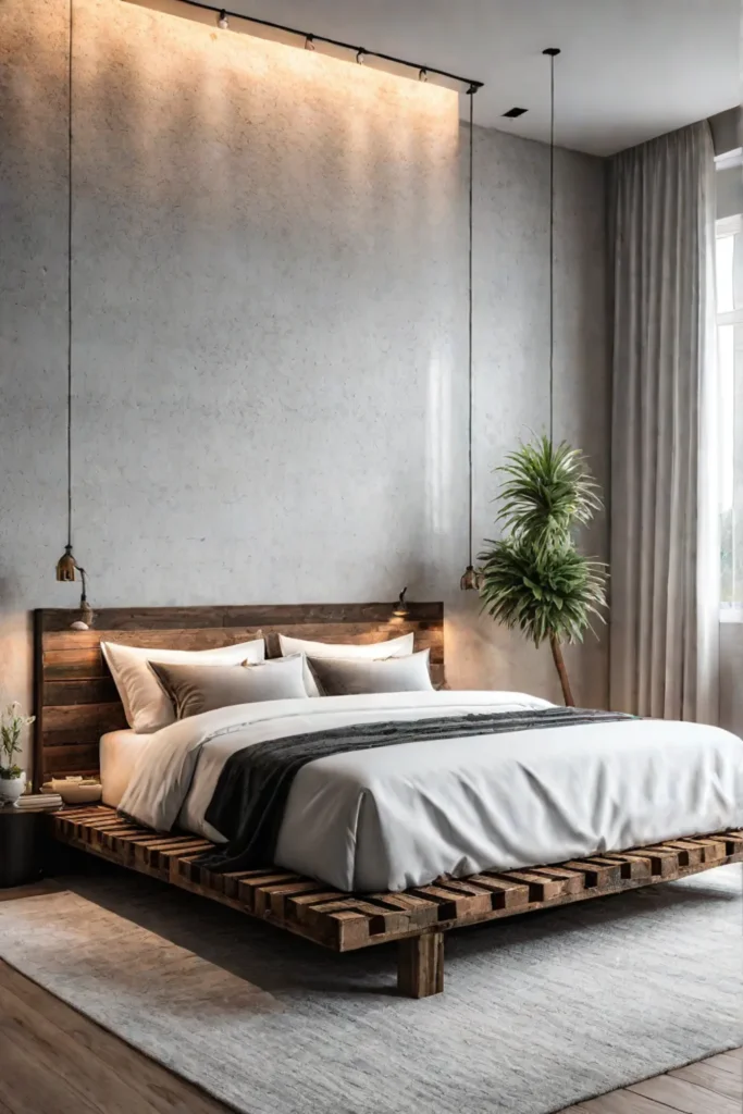 DIY pallet wood platform bed in a minimalist bedroom