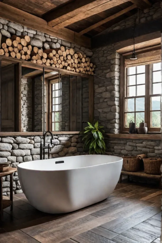 Farmhouse bathroom stone floor wooden accents