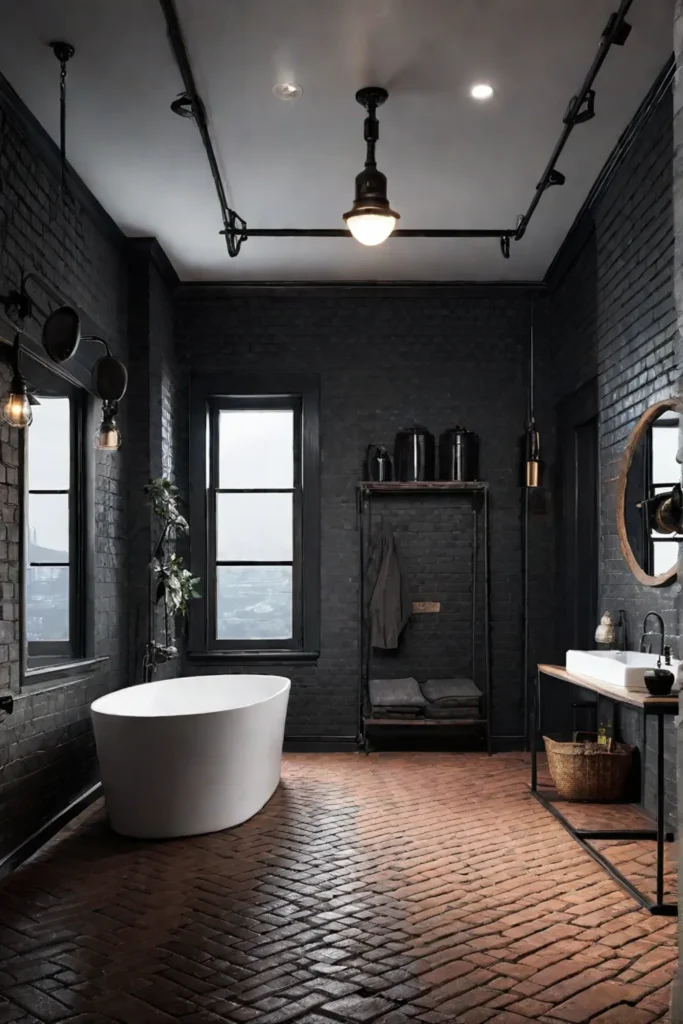 Industrial bathroom brick floor black grout