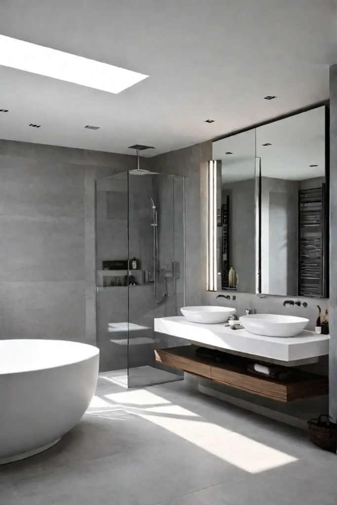 Minimalist bathroom large tiles natural light