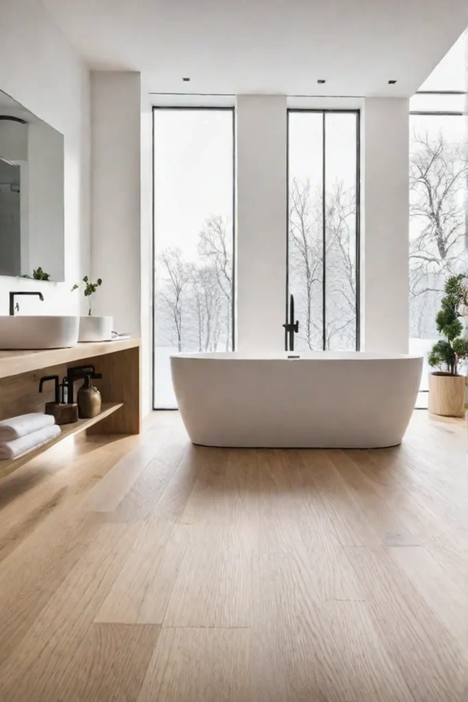 Minimalist bathroom white oak freestanding tub