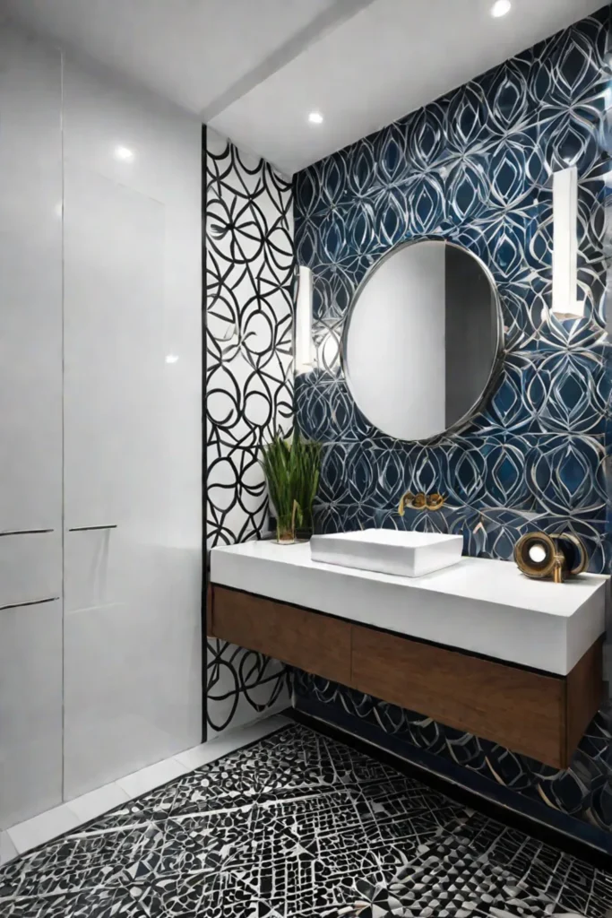 Modern bathroom patterned tiles floating vanity