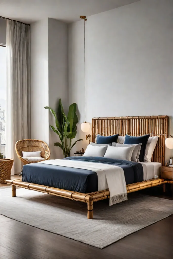 Modern bedroom with sleek bamboo furniture and warm lighting