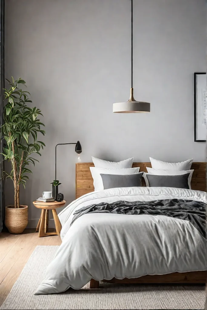 Scandinavian bedroom with bamboo furniture and natural bedding