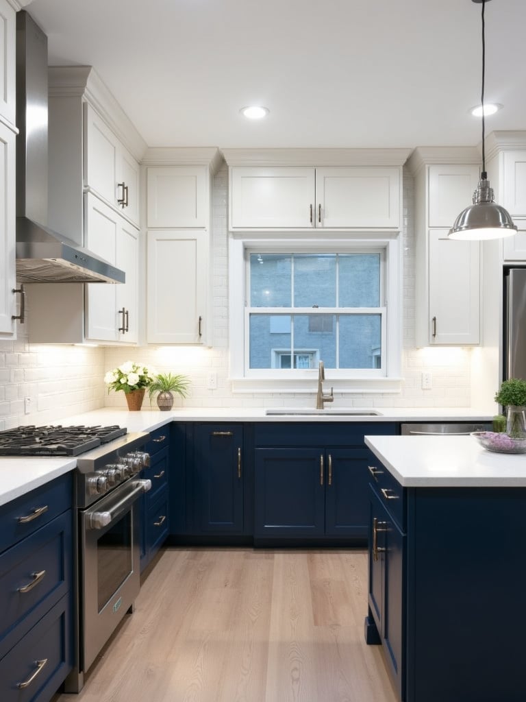 Modern kitchen featuring stylish two-tone cabinets in navy blue and white.