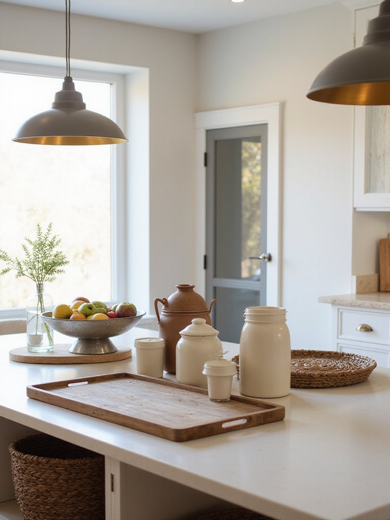Kitchen island decorated with a mix of materials and textures, including wood, ceramic, metal, glass, and woven elements, for a layered and visually interesting look.
