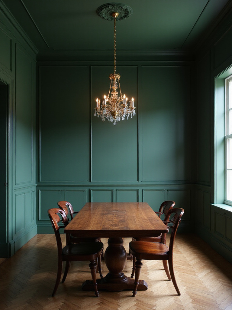 Sophisticated dining room with deep green paint walls, illustrating how color sets an intimate mood and atmosphere.