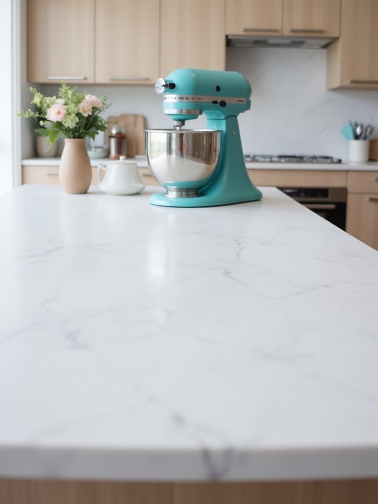 Modern kitchen island featuring a stylish retro-inspired stand mixer in a vibrant color as decor.