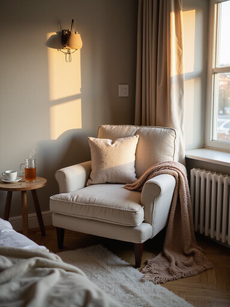 Cozy seating nook in a bedroom with armchair, side table, and natural light