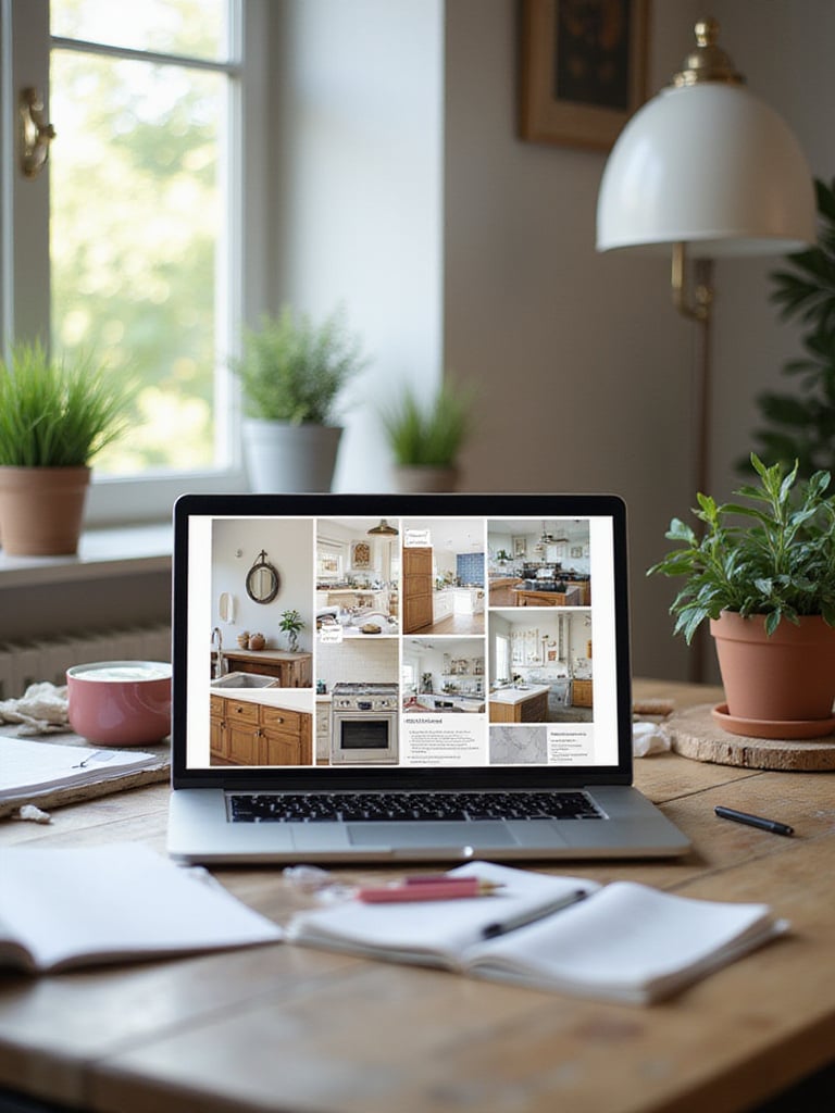 Digital inspiration board for kitchen renovation featuring design elements like cabinetry and color palettes.