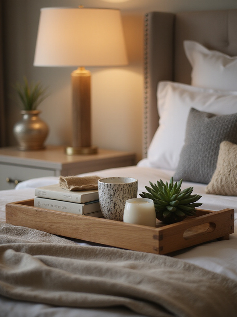 Styled bedroom nightstand with a wooden tray, succulent, candle, and decorative book.