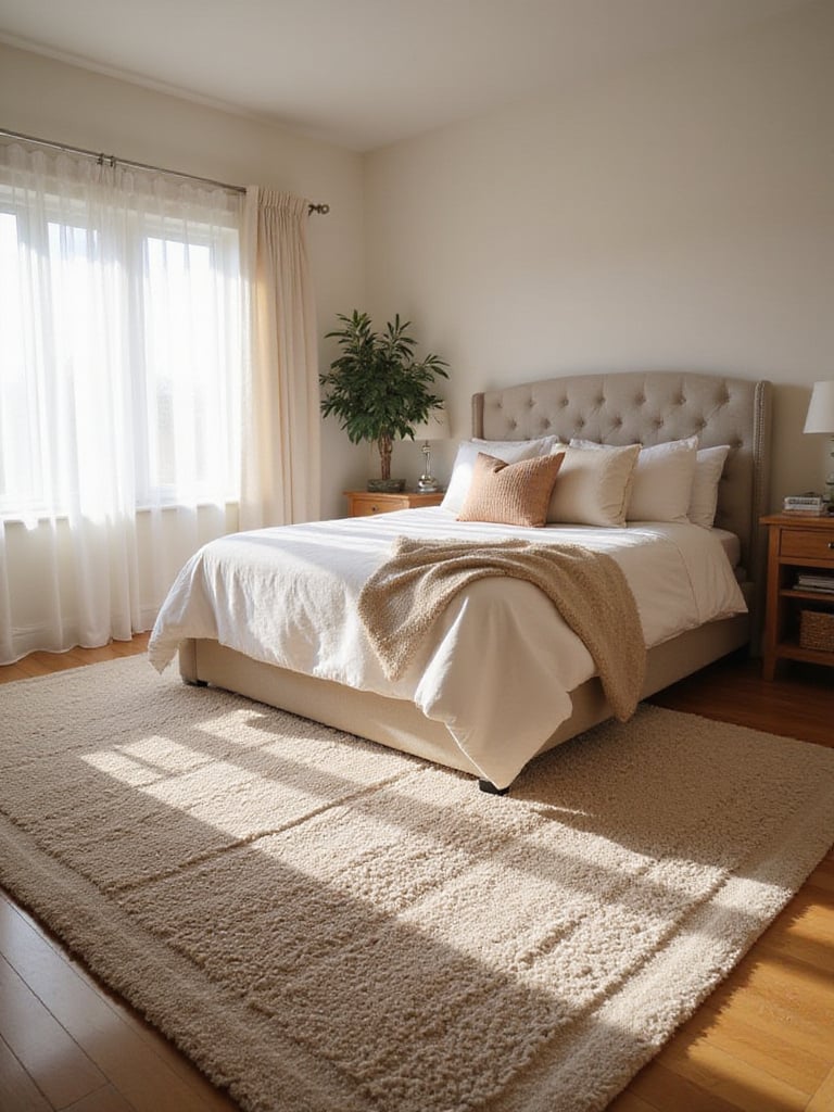 Cozy bedroom with a large area rug defining the sleeping zone
